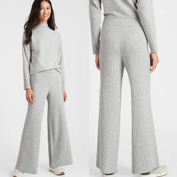 BANANA REPUBLIC Ribbed Sweater Pant Gray Wide Leg Pull-on Knit Pants XS Petite - Picture 1 of 11